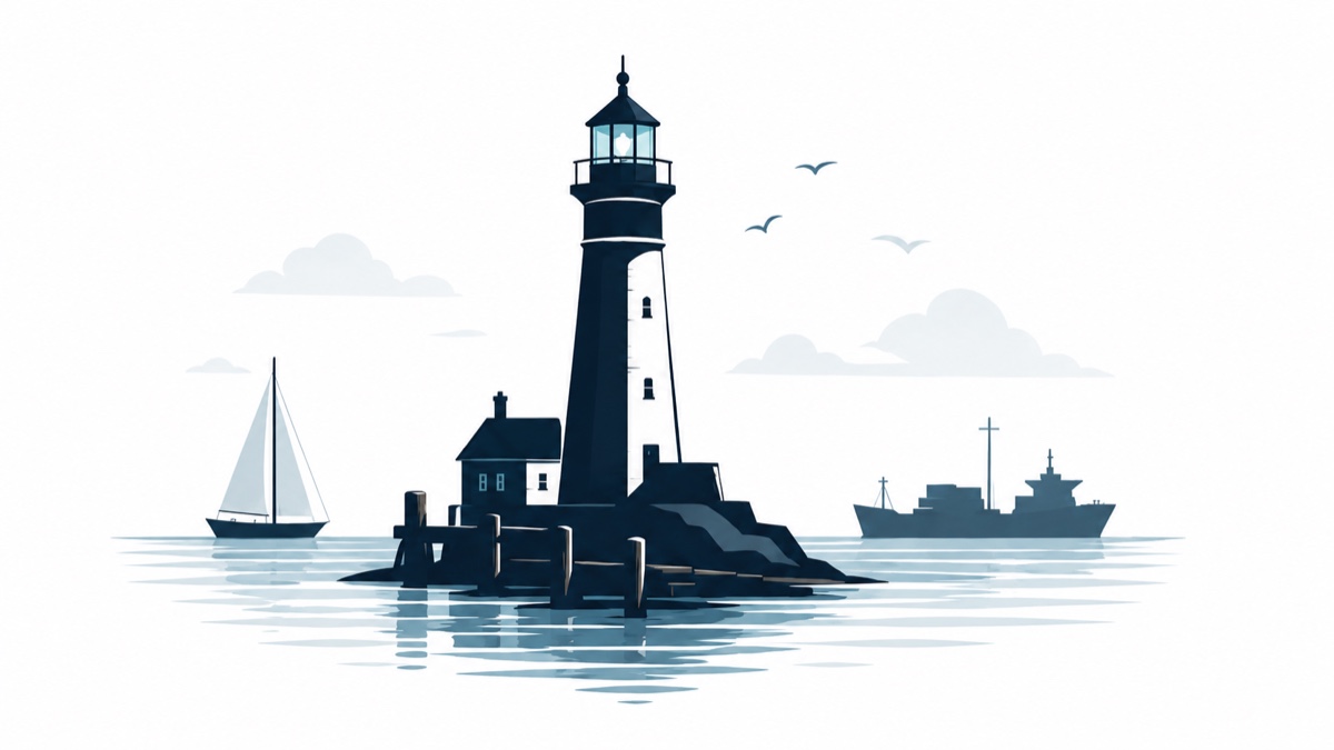 Lighthouse and harbor illustration for Cold Harbor Studio