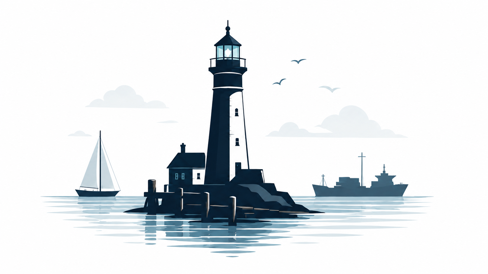 Lighthouse and harbor illustration for Cold Harbor Studio