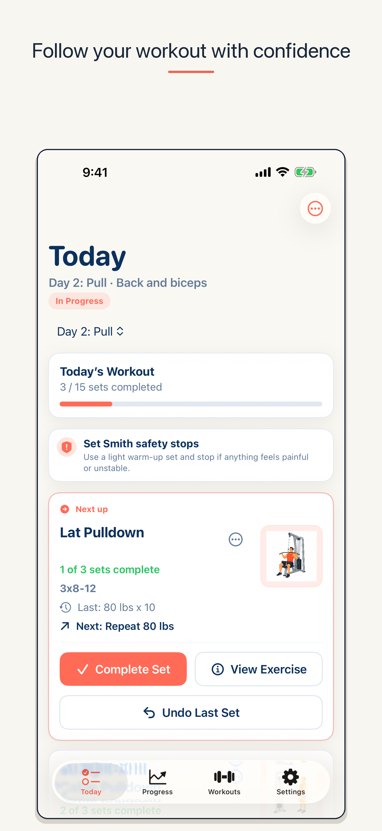 FirstSet Today screen showing a guided workout and exercise set progress