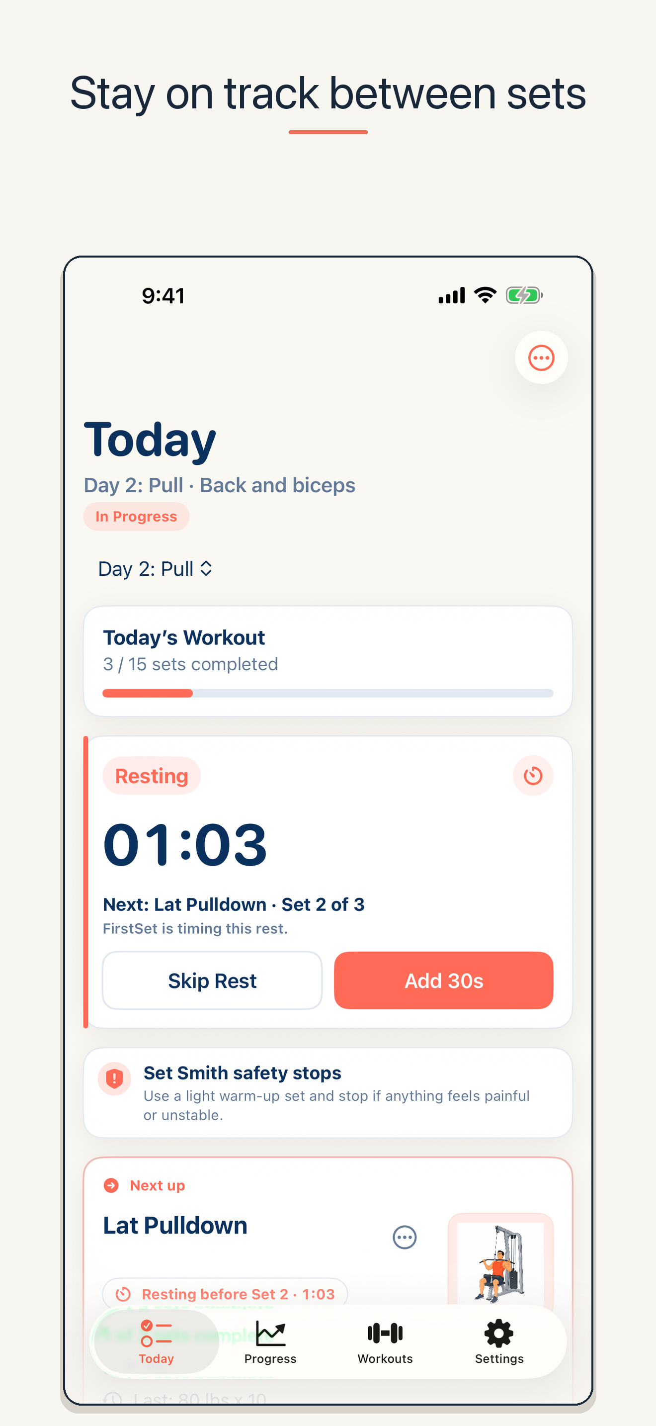 FirstSet rest timer running between workout sets