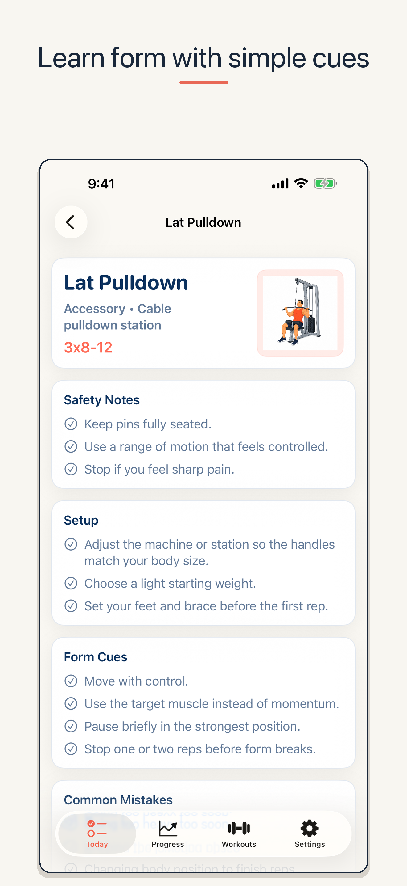 FirstSet exercise detail screen with setup instructions and form guidance