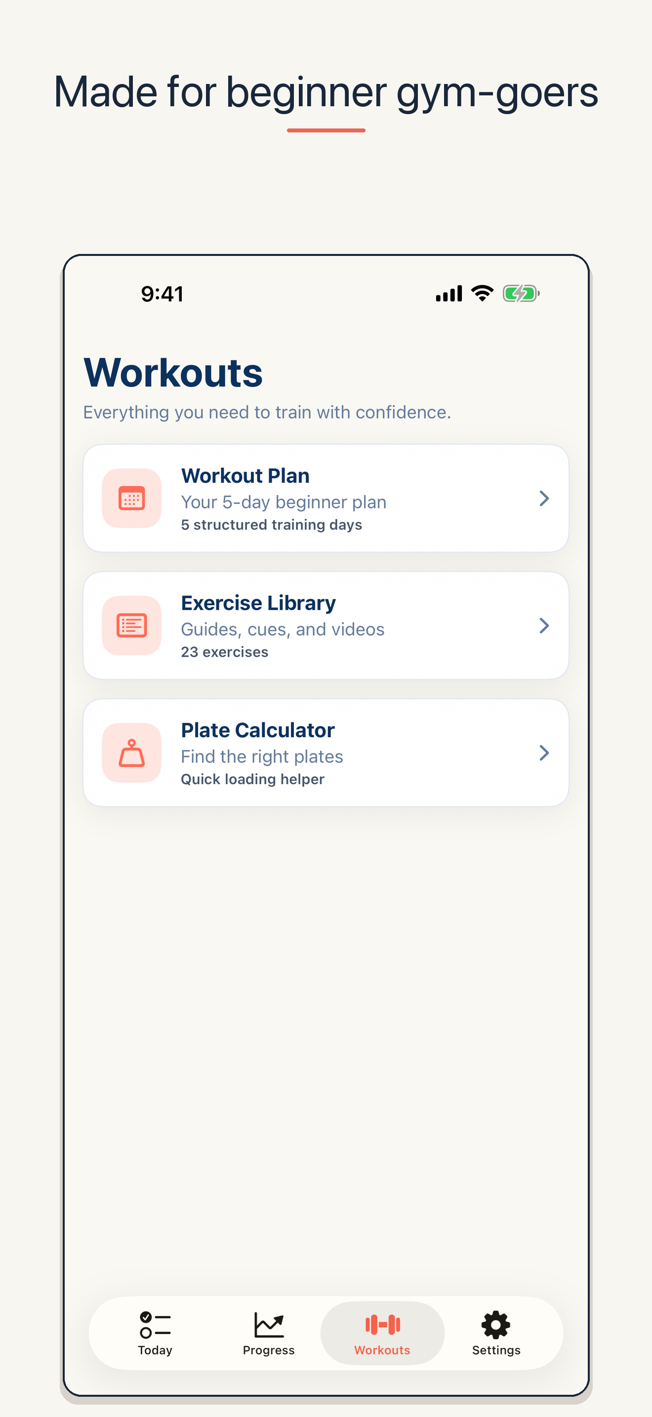 FirstSet workout library showing the guided beginner strength plan