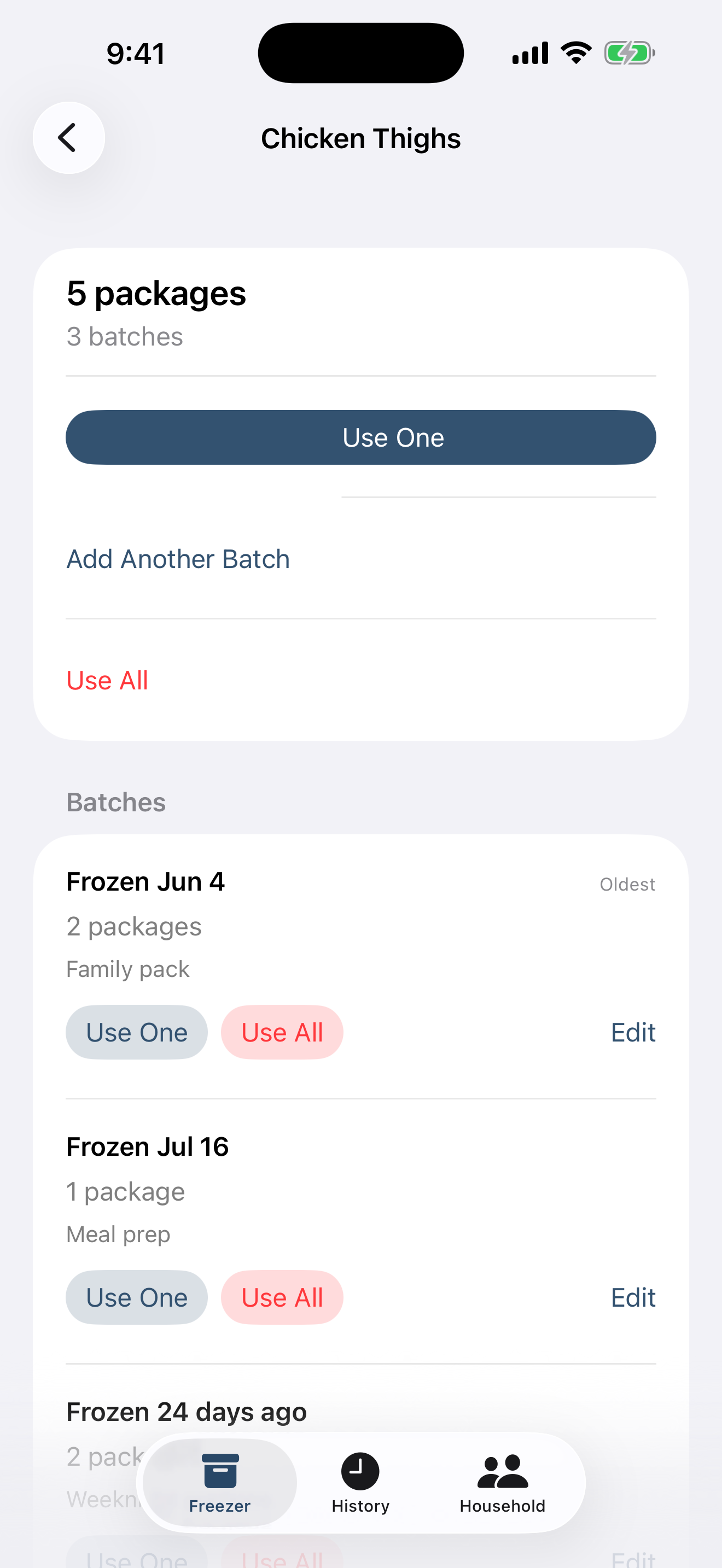 FreezerFiles Chicken Thighs detail screen showing three batches with frozen dates