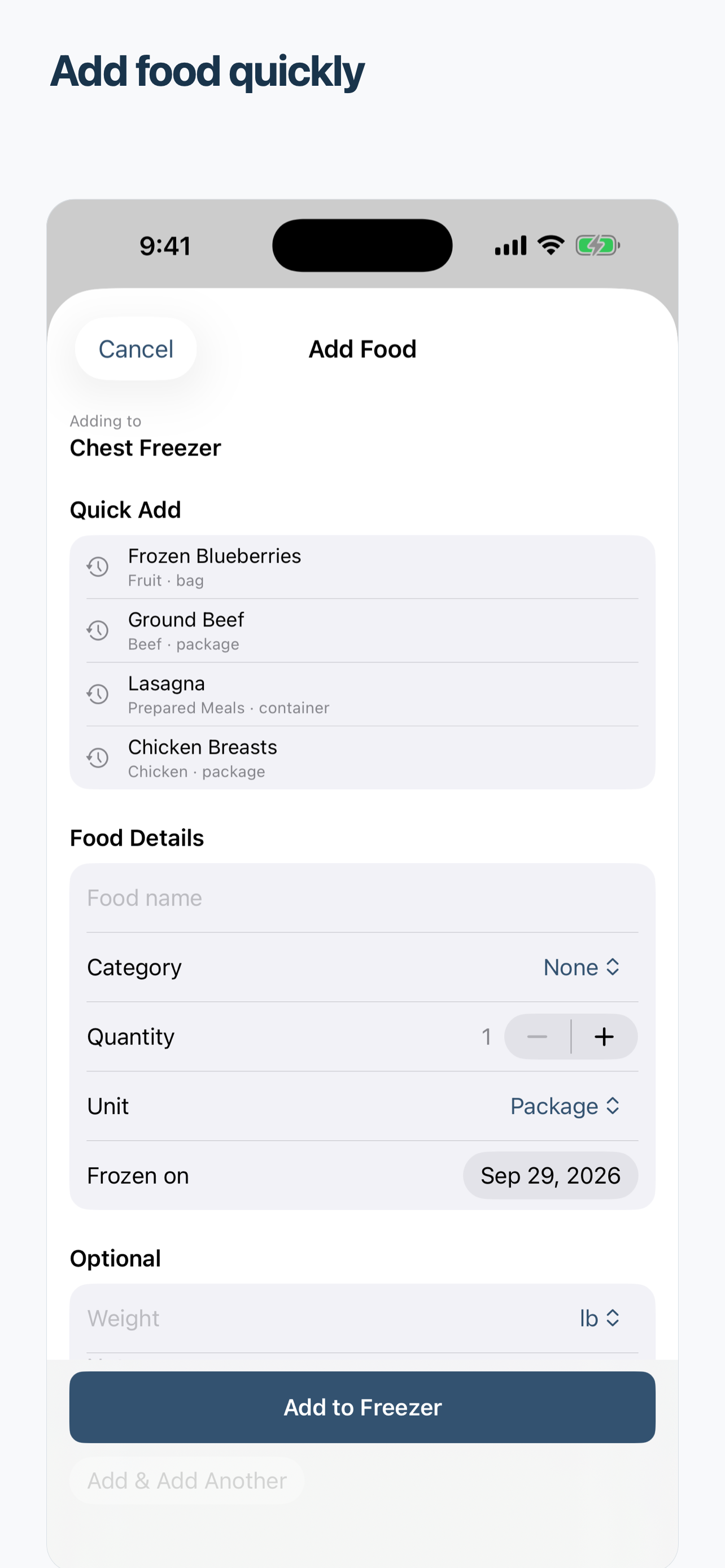 FreezerFiles Quick Add screen