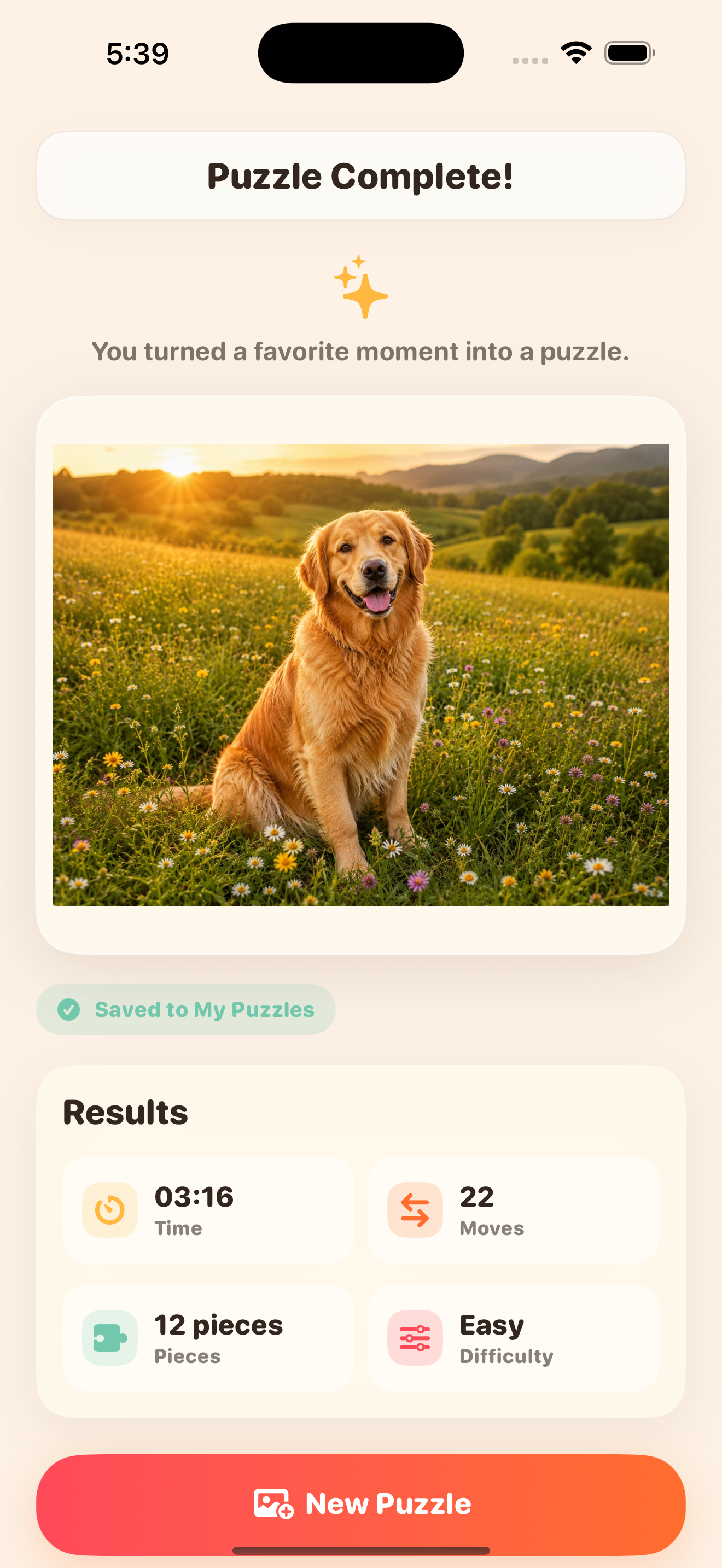 MemoryPieces completion screen