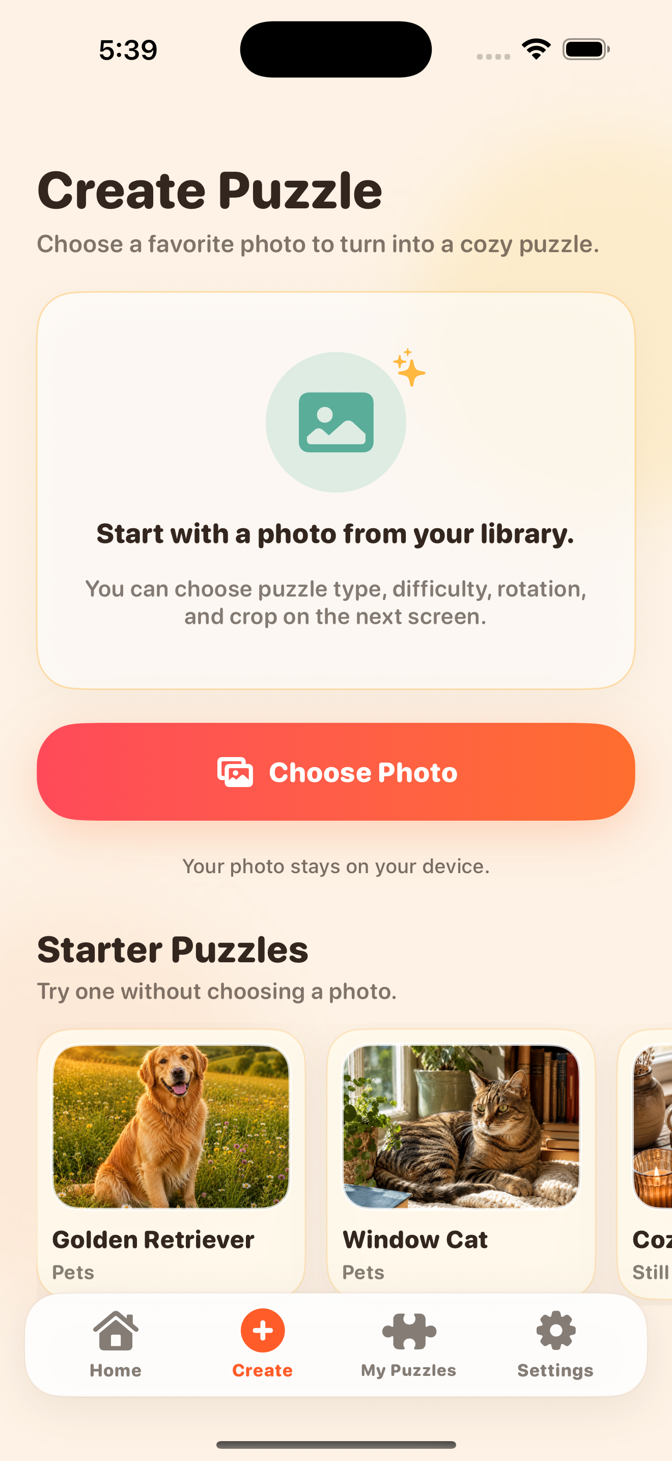 MemoryPieces create puzzle screen