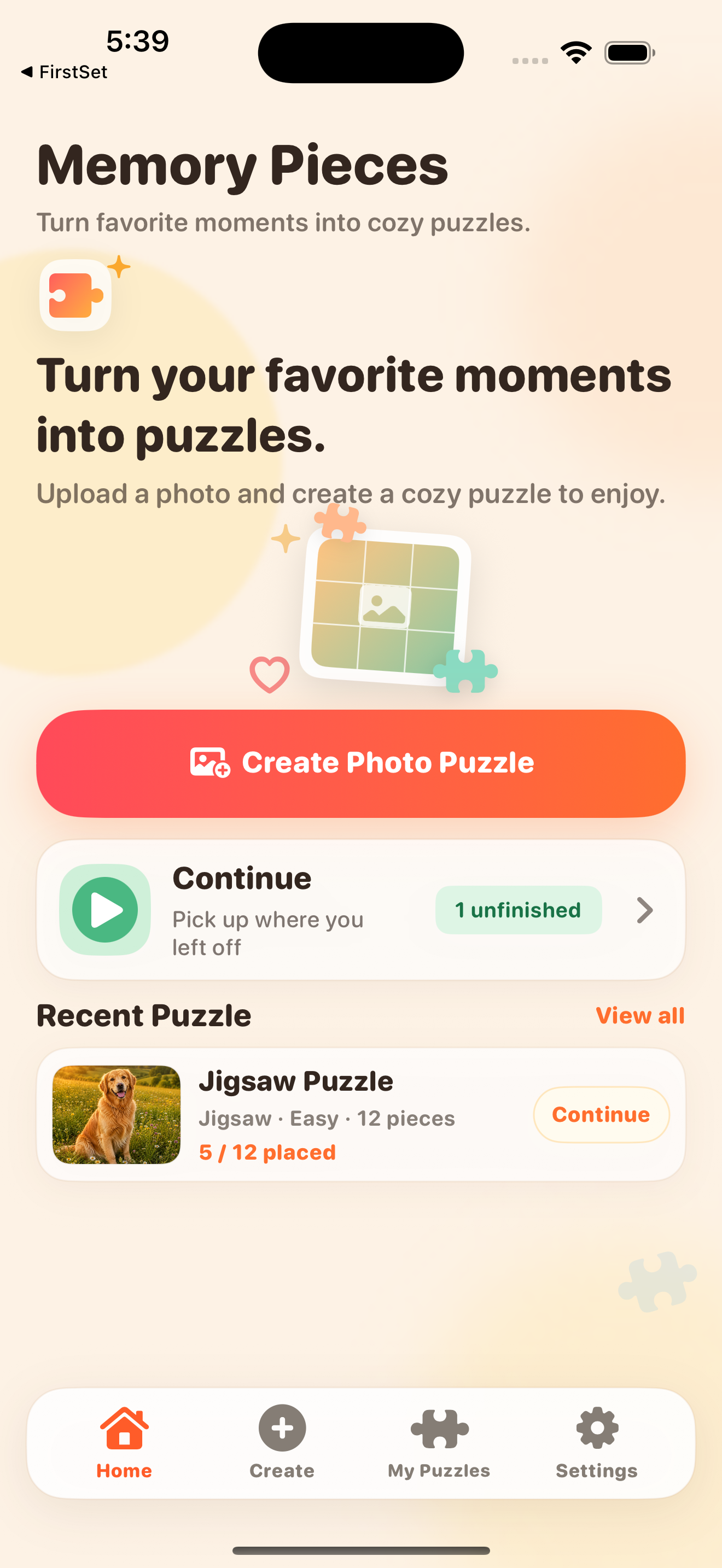 MemoryPieces home screen