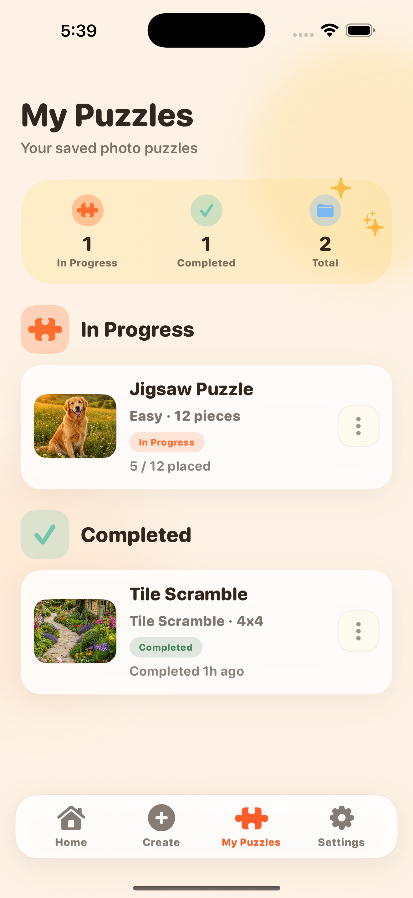 MemoryPieces saved puzzles screen